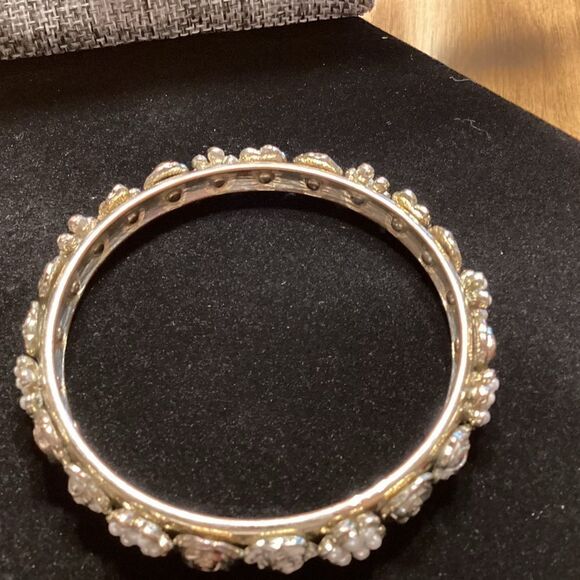 Silvertone Bangle Bracelet with 3D Floral Accents - Picture 4 of 9